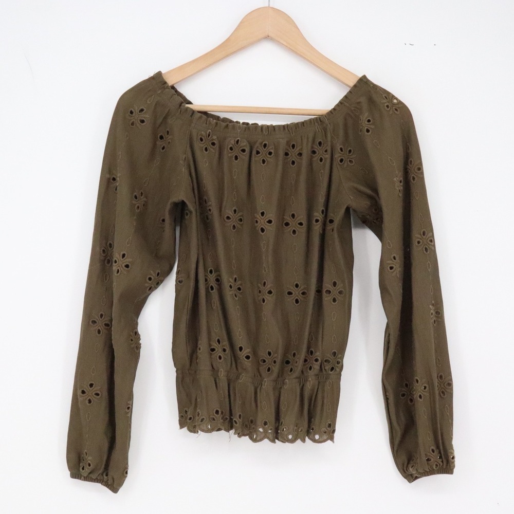 H&M Blouse Womens M Eyelet Off The Shoulder Olive Green Smocked Waist Excellent